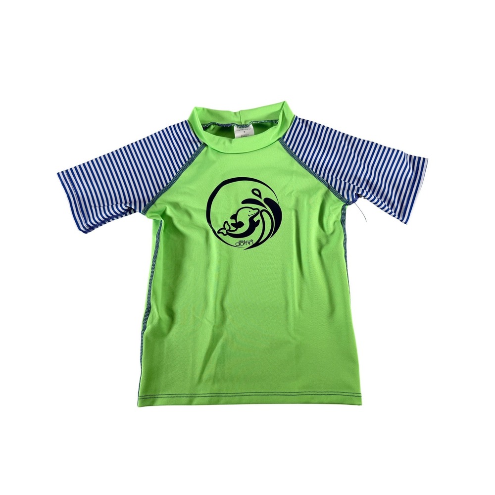 Dolfin Little Dolfins Swim Shirt Size 5 Lime Blue Stripe Rash Guard UPF 50+‎ NWT